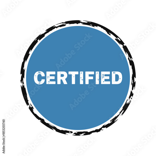 Certified blue circular badge with white text and rough textured border for qualification credential validation professional accreditation expertise authentication recognition emblem