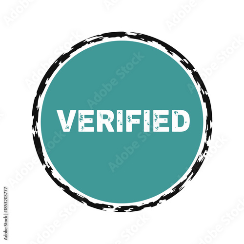 Verified teal circular badge with white text and metallic border for authentication confirmation approval certification trusted validation security checkmark emblem