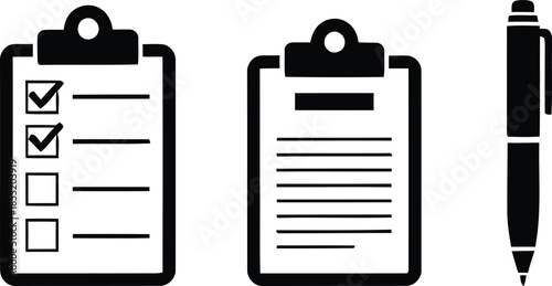 Clipboard checklist and pen icons on white background to-do list task
