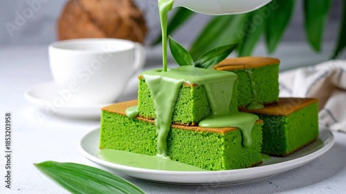 Matcha Cake with Green Sauce Pouring, Food Photography
