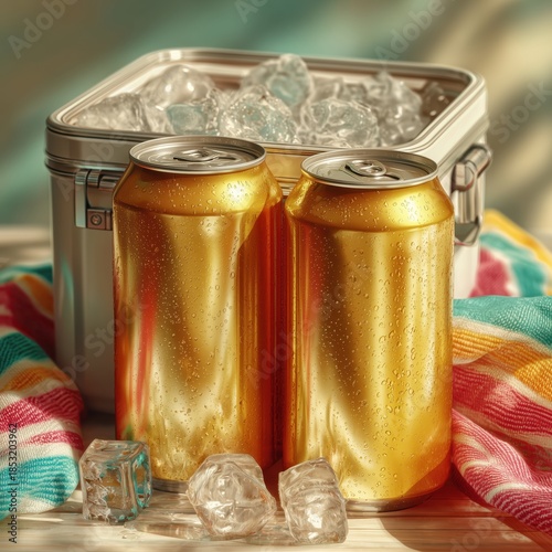 Refreshing summer afternoons with iced tea cans on a sunny day by the cooler