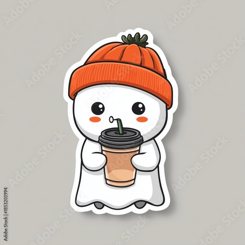Happy ghost enjoys a warm pumpkin spice latte in a cozy autumn setting while wearing a fun orange hat