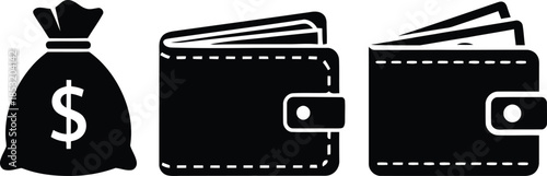 Money Bag and Wallets Icons on White Background money bag, dollar sign, wallet, purse