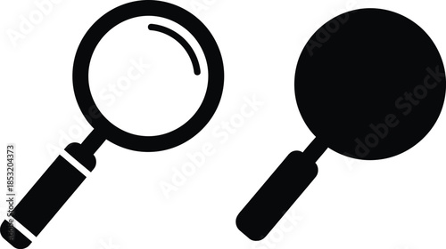 Two black magnifying glass icons for search and analysis magnifying glass, search