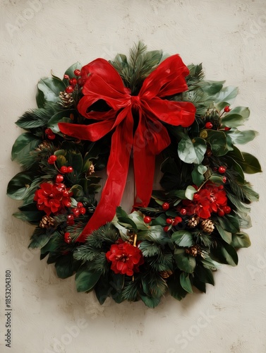 Beautiful oil painting of a festive Christmas wreath adorned with vibrant red ribbon and bright floral accents