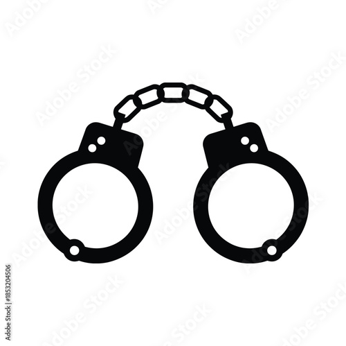 A pair of black metal handcuffs with a chain connecting them on a plain white background