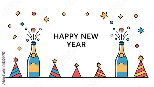 Happy New Year Celebration with Champagne Bottles and Party Hats.