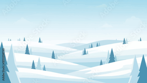 Snowy winter landscape with rolling hills and evergreen trees.