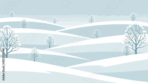 Winter landscape with snow-covered rolling hills and bare trees.