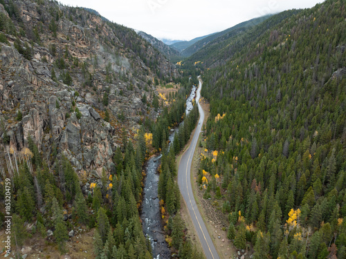 Aerial View of Winding Mountain Road in the Mountains of Colorado in the Fall