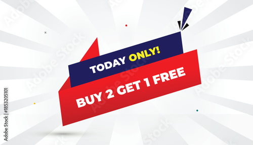 buy two get one free today only editable eps format web banner vector art illustration template design deep blue red gradient shapes yellow bold font white gray gradient abstract illustration sun shin