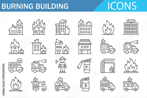 Fire Response and Disaster Prevention Outline Icons Vector Set