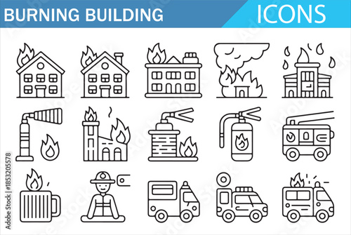 Fire Disaster and Rescue Line Icons Set Urban Emergency Concept
