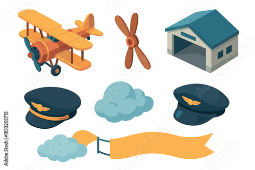 Cartoon aviation elements set features a biplane, propeller, hangar, pilot hats, and clouds with a banner, illustrating air travel concepts.