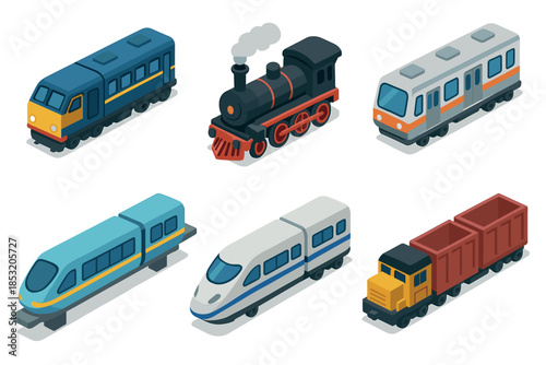 Various isometric cartoon train models showcasing different types of locomotives, passenger cars, and freight wagons for rail transportation.