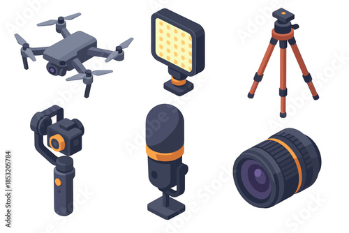 Various professional filmmaking equipment including a drone, LED light, tripod, camera gimbal, microphone, and lens, essential for modern content creation.