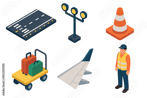 Isometric airport ground operations elements set with essential components for air travel logistics, including a runway segment, signal light, traffic cone, luggage cart, airplane wing, and a worker.