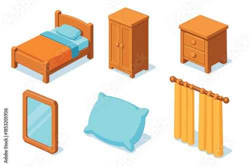 Bedroom furniture and accessories set including a bed, wardrobe, nightstand, mirror, pillow, and curtains in an isometric vector style.