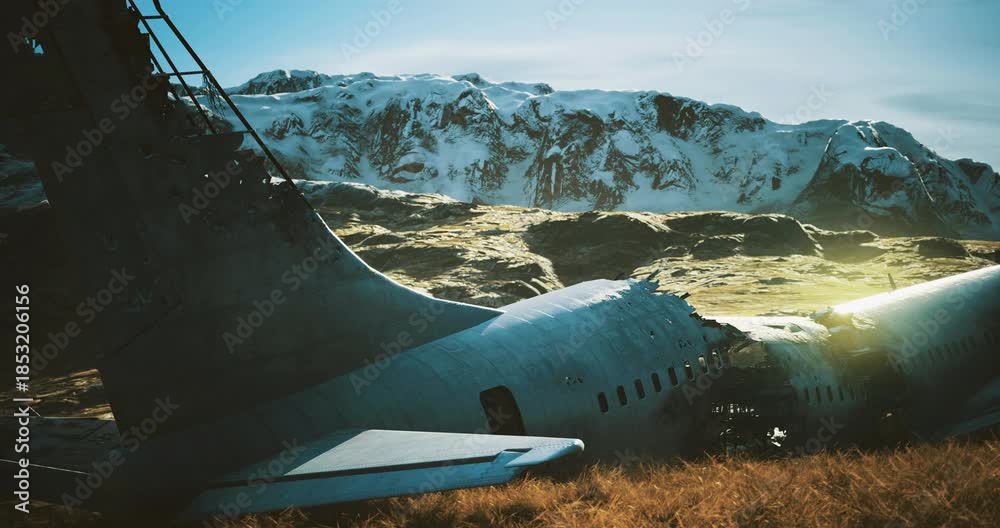 custom made wallpaper toronto digitalA damaged aircraft lies on a grassy hillside, surrounded by snowy mountains under clear blue skies. The bright sunlight casts a warm glow on the scene, enhancing the dramatic setting.