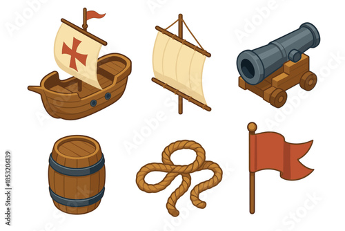 Historical exploration and adventure themed objects are depicted in a charming cartoon isometric style, perfect for game assets or educational materials.