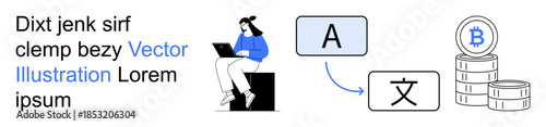 Online learning, language translation, crypto payments, content creation, fintech, business communication. Person with laptop, translation arrows and Bitcoin coins. Language translation and online