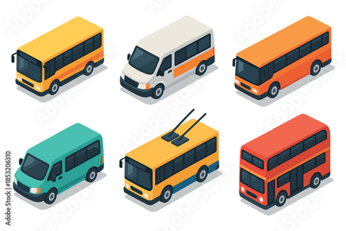 Public transport vehicles isometric collection showcasing various colorful urban and intercity buses, vans, and a trolleybus for modern city travel and passenger services.