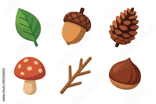Forest nature elements collection of autumn season items, featuring charming flat vector illustrations of a leaf, acorn, pine cone, mushroom, twig, and chestnut.