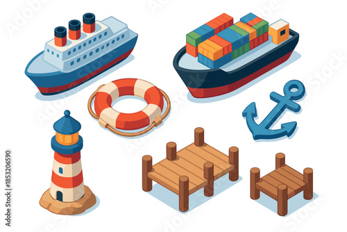 Various isometric nautical elements, including a cruise ship, cargo vessel, lighthouse, anchor, lifebuoy, and docks, are depicted in a vibrant, cartoon-like illustration.