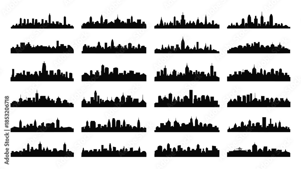Obraz premium Collection of Diverse City Skyline Silhouettes in Black and White cityscape urban