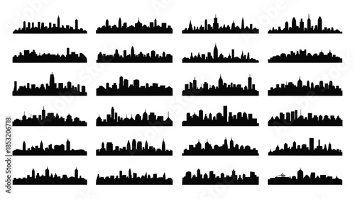 Collection of Diverse City Skyline Silhouettes in Black and White cityscape urban
