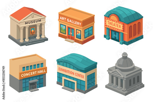Isometric cultural and entertainment buildings set showcasing various public institutions like a museum, art gallery, theater, concert hall, and exhibition center.