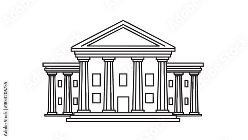 Black and white outline of a classical building with columns and pediment Keywords: building