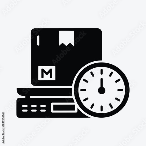 A package box on a weighing scale next to a clock symbolizing delivery time and logistics