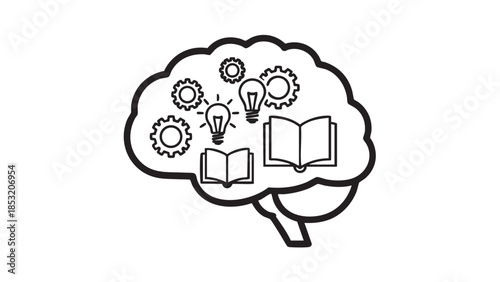 Black and white outline of a human brain filled with symbols of learning and ideas Keywords