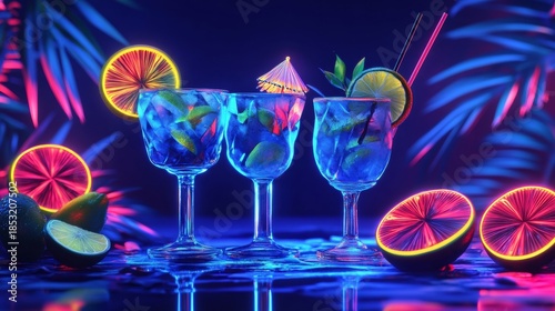 A collection of vibrant drinks on a dark table, each garnished with a slice of lemon. The table is illuminated by neon colors and there are blue lights shining in the background.