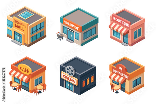 Isometric commercial buildings set featuring various shops and public services like a shopping mall, supermarket, boutique, cafe, cinema, and restaurant with a modern flat design.