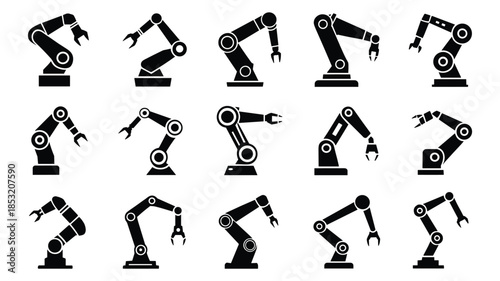 Fifteen black silhouette robotic arms and industrial manipulators on a white background Keywords: robotic arm, industrial robot, manipulator, automation, technology, engineering, manufacturing