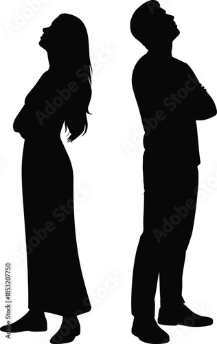 Black silhouettes of a man and woman standing back to back looking up, arms crossed, isolated on a white background