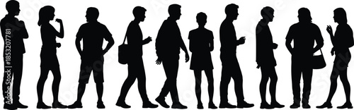 Black silhouettes of diverse business professional group standing in row, corporate team members, men and women, isolated on white background, teamwork