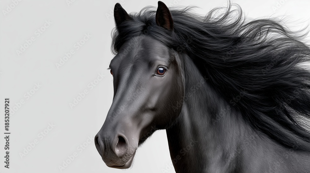 Fototapeta premium Closeup bay horse portrait mane flowing, intense gaze toward camera, glossy dark coat with detailed muzzle