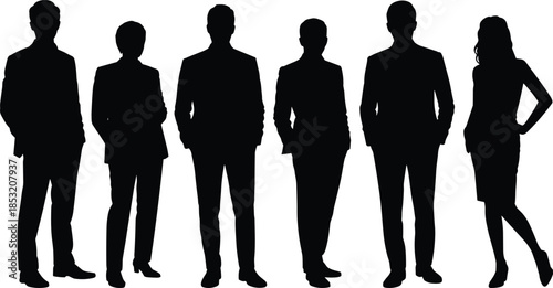 Black silhouettes of professional business people standing in a row, diverse corporate team, executive leadership group, isolated on white background