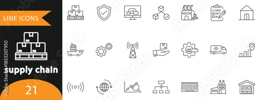 supply chain line icon set










A vector set of 21 supply chain line icons featuring logistics, warehousing, transportation, tracking, inventory, and distribution symbols. Ideal for logistics p

