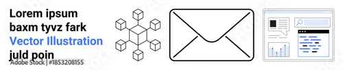 Email services, blockchain technology, data analytics, communication systems, business updates, technology solutions. Envelope icon, cluster network and analytics dashboard. Email services