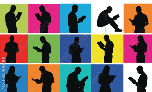Collection of diverse people silhouettes reading books in various standing and sitting poses over colorful background squares for educational or literary design projects