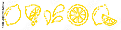 Lemon icon set with lemon slices and juice splashes drawn with yellow marker. Hand drawn outline style with expressive line strokes. Line vector citrus drink and food elements isolated.
