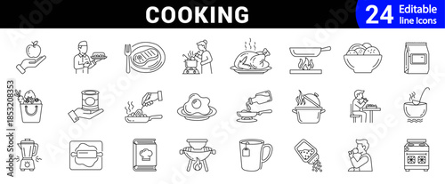 Cooking and kitchen line icon set. Editable outline vector illustrations for food, chef, restaurant, baking, and culinary activities.