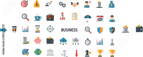 Comprehensive business icon set featuring flat vector symbols for finance marketing startup growth management success and corporate strategy isolated on white background banner