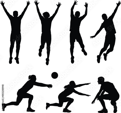 Black Volleyball Player Silhouettes Set, Dynamic Action Poses of Jumping, Spiking, Setting, Blocking, and Digging for Sports Event Banners and Team Design