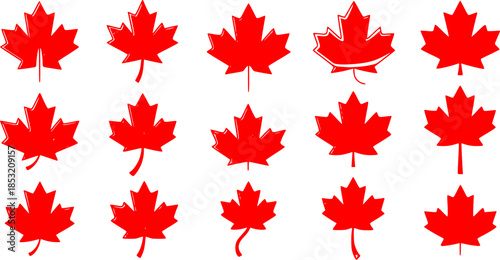 Set of red maple leaf vector icons. Canadian symbol.
