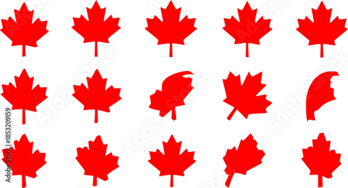Set of red maple leaf vector icons. Canadian symbol.
